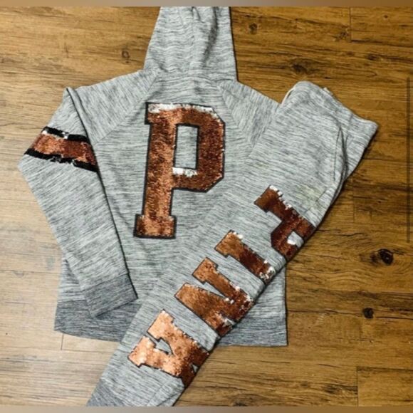 PINK VS HTF FLIP SEQUIN HOODIE/ BLING JOGGERS OUTFIT M - Picture 6 of 11